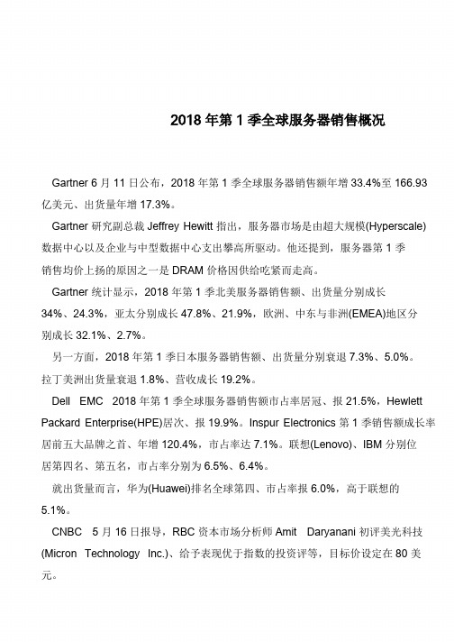 2018年第1季全球服务器销售概况            