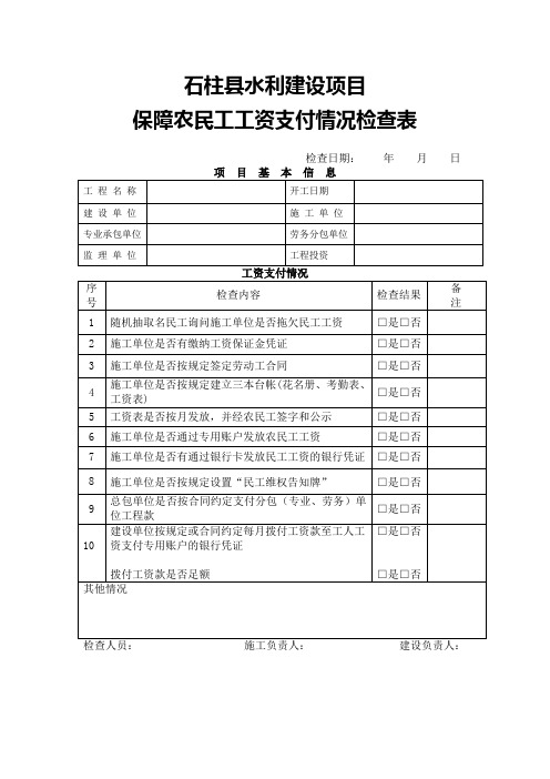 水利建设项目保障农民工工资支付情况检查表