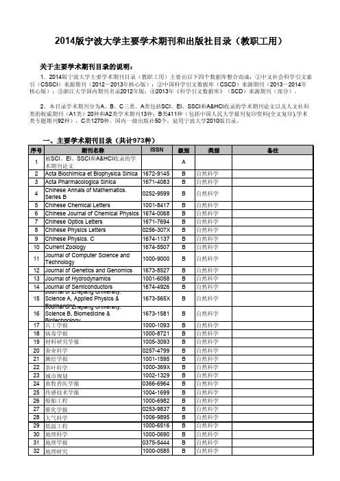 2014版宁波大学主要学术期刊和出版社目录（自然科学类）