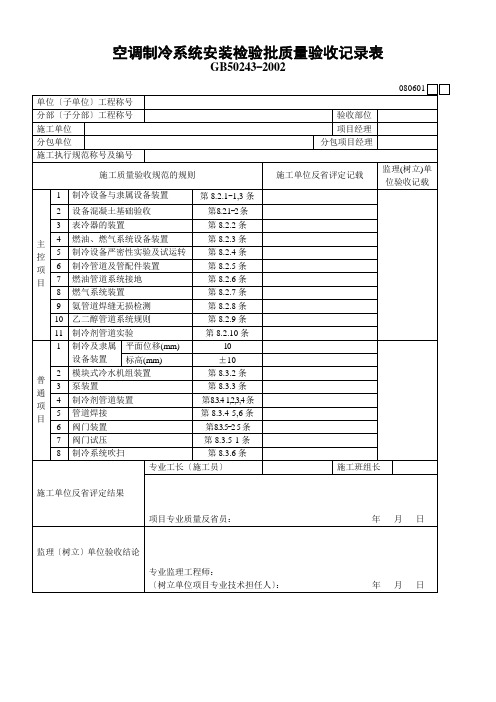 空调制冷系统安装检验批质量验收记录表