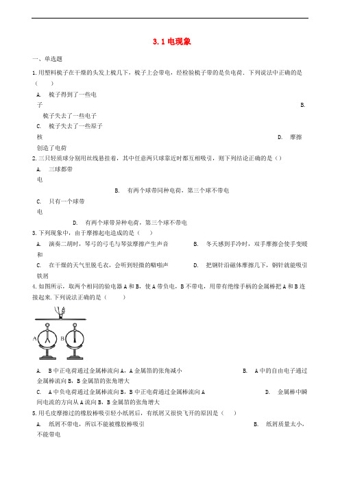 九年级物理上册3.1电现象 配套练习题新版教科版