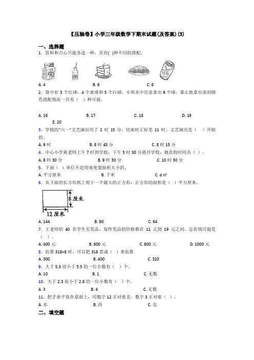 【压轴卷】小学三年级数学下期末试题(及答案)(3)