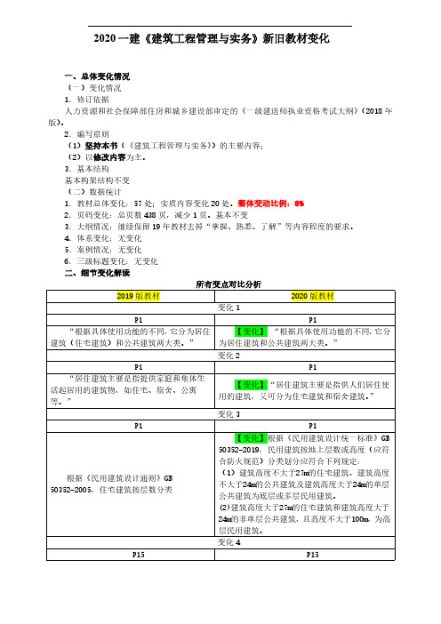 2020年一级建造师《建筑工程管理与实务》教材对比分析(汇总)