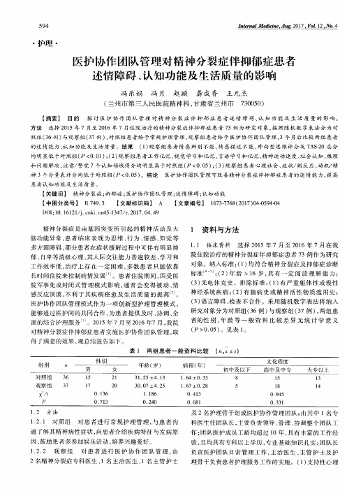 医护协作团队管理对精神分裂症伴抑郁症患者述情障碍、认知功能及