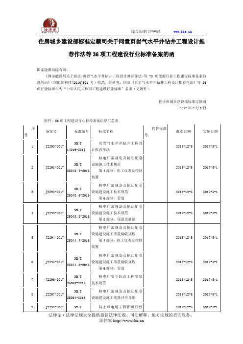 住房城乡建设部标准定额司关于同意页岩气水平井钻井工程设计推荐作法等36项工程建设行业标准备案的函-国家