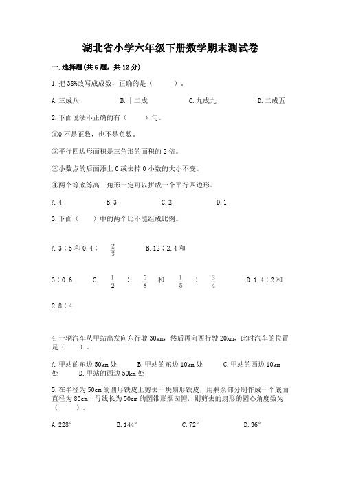 湖北省小学六年级下册数学期末测试卷及参考答案ab卷