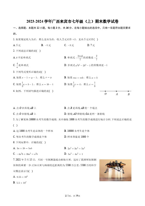 2023-2024学年广西来宾市七年级(上)期末数学试卷+答案解析