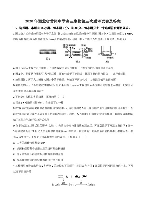 2020年湖北省黄冈中学高三生物第三次联考试卷及答案