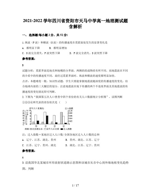 2021-2022学年四川省资阳市天马中学高一地理测试题含解析