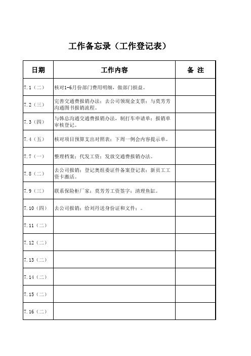 工作备忘录工作登记表