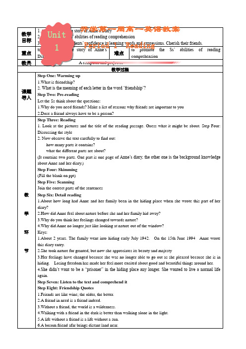 新高一开学第一周英语人教版必修1UNIT1FRIENDSHIPPERIOD1READING教案