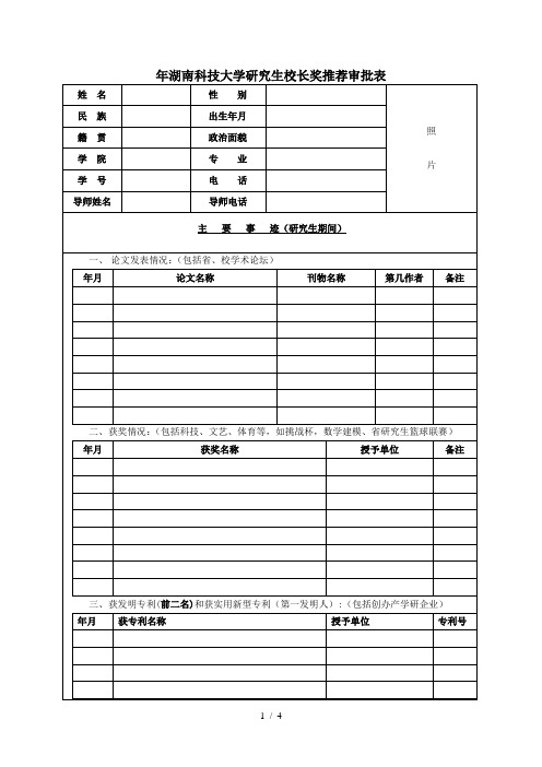 2019年湖南科技大学研究生校长奖推荐审批表