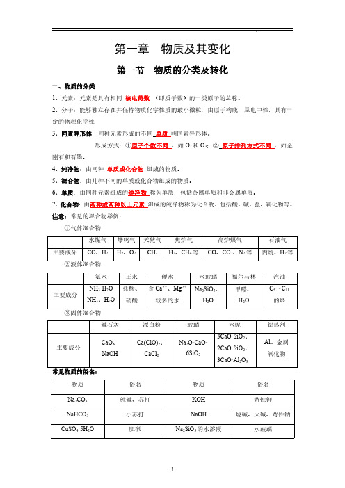 2019人教版新教材高中化学必修一第一章重点知识点归纳总结(物质及其变化)