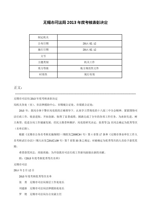 无锡市司法局2013年度考核表彰决定-