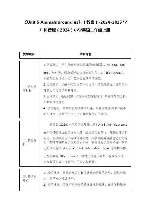 《Unit 5 Animals around us》(教案)科普版(2024)小学英语三年级上册
