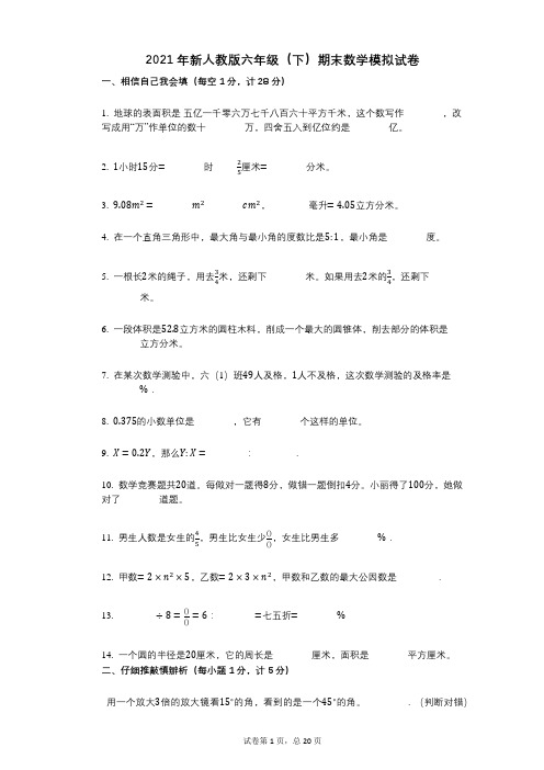 小学数学-有答案-新人教版六年级(下)期末数学模拟试卷