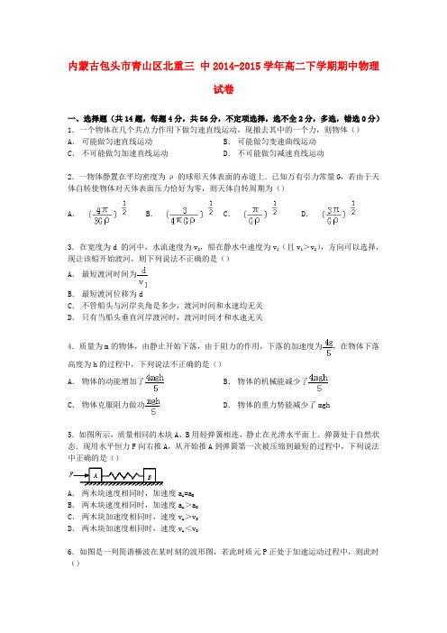 内蒙古包头市青山区北重三中2014-2015学年高二物理下学期期中试卷(含解析)