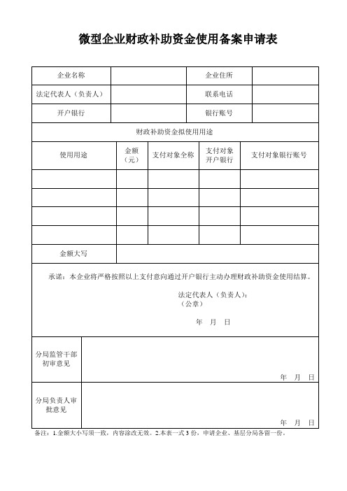 微型企业财政补助资金使用备案申请表