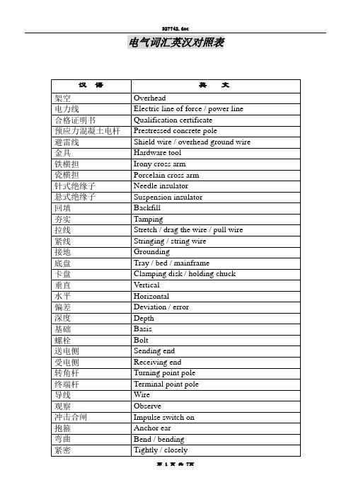 电气词汇英汉对照表