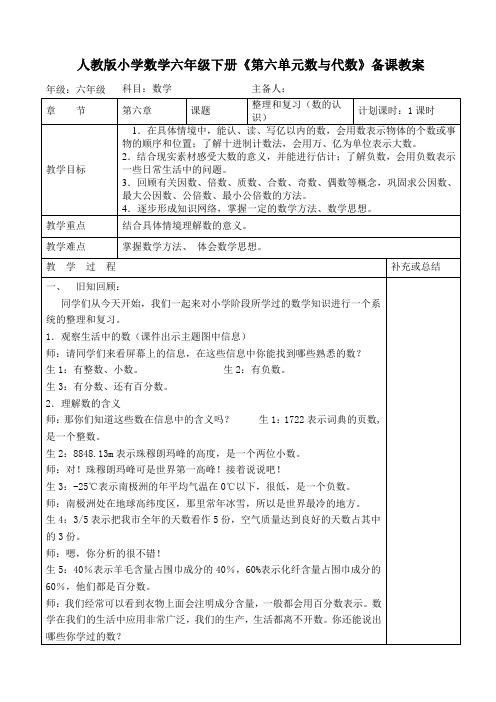 人教版小学数学六年级下册《第六单元数与代数》备课教案