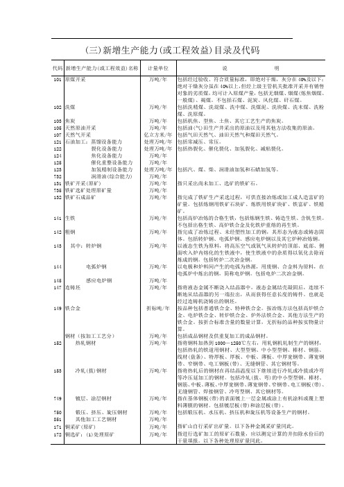 新增生产能力(或工程效益)目录及代码