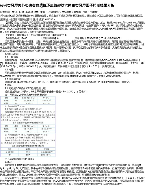 68例类风湿关节炎患者血清抗环瓜氨酸肽抗体和类风湿因子检测结果分析