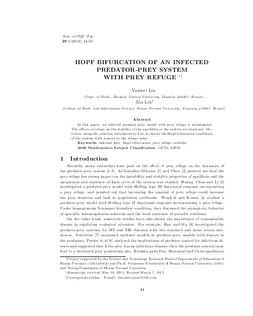 HOPF BIFURCATION OF AN INFECTED PREDATOR-PREY SYSTEM WITH PREY REFUGE