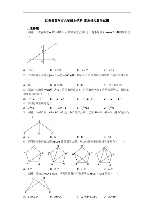 江苏省苏州市八年级上学期 期末模拟数学试题