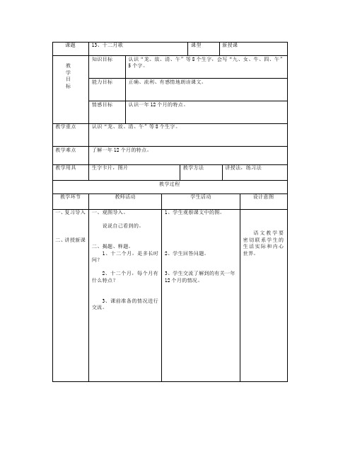 最新语文S版一年级语文上册13、十二月歌教案(教学设计、说课稿)