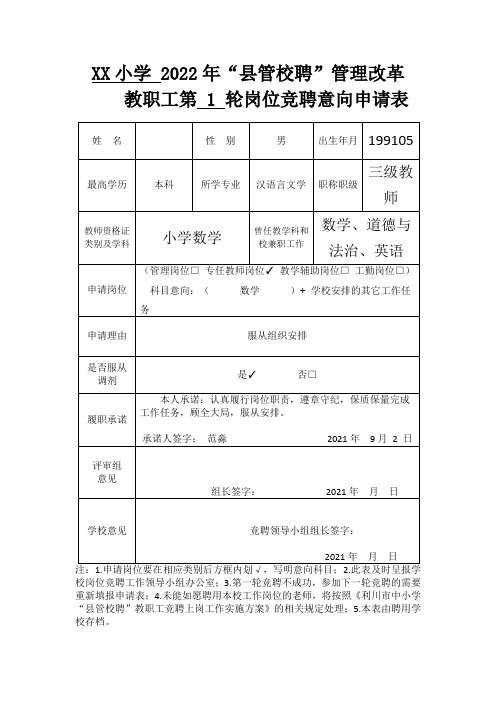 县管校聘岗位申请表模板