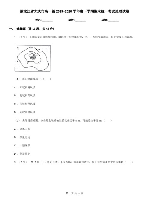 黑龙江省大庆市高一级2019-2020学年度下学期期末统一考试地理试卷