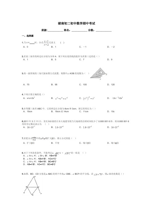 湖南初二初中数学期中考试带答案解析
