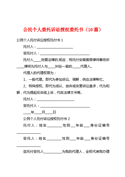 公民个人委托诉讼授权委托书(10篇)