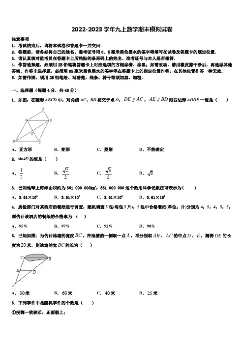 2022-2023学年山东省潍坊诸城市九年级数学第一学期期末质量检测试题含解析