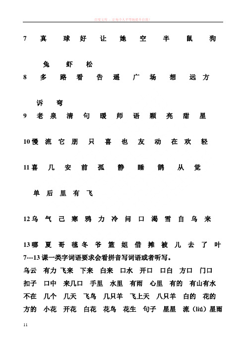 小学一年级语文上册词语、二类字