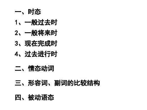 一、时态1、一般过去时2、一般将来时3、现在完成时4、过去进行时