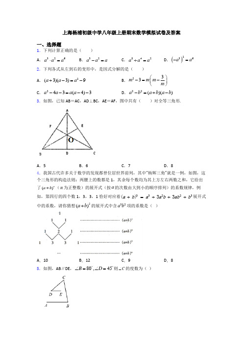 上海杨浦初级中学八年级上册期末数学模拟试卷及答案