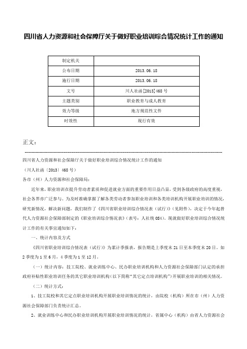 四川省人力资源和社会保障厅关于做好职业培训综合情况统计工作的通知-川人社函[2013]468号