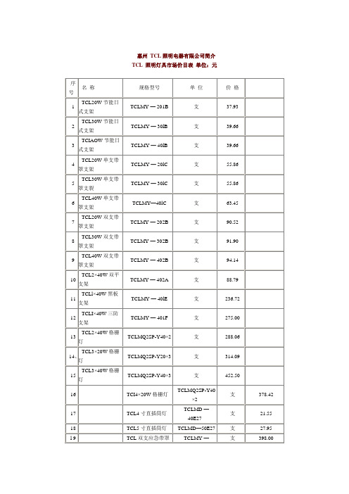 TCL 照明灯具市场价目表