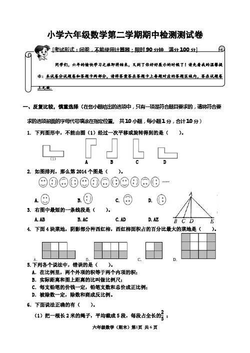 小学六年级数学第二学期期中检测测试卷