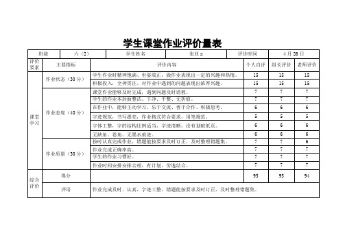 学生课堂作业评价量表