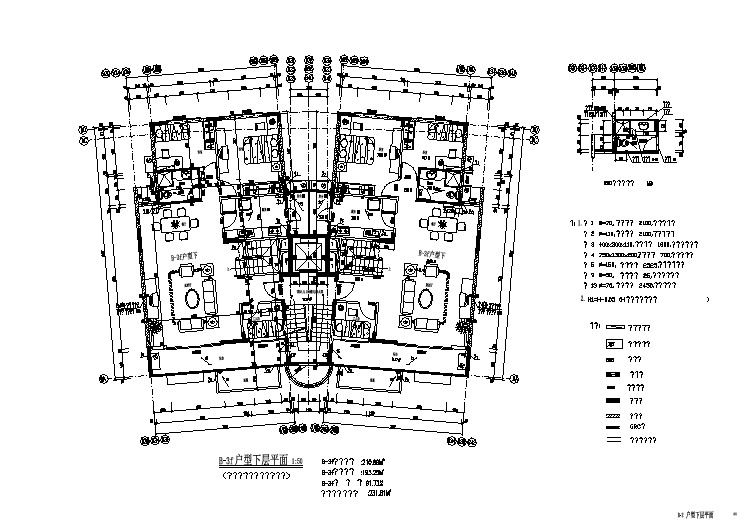 兰州凤凰城小区住宅每户210平对称复式户型设计CAD图纸（1梯2户）