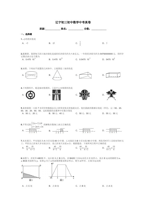 辽宁初三初中数学中考真卷带答案解析
