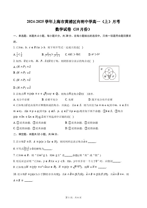 2024-2025学年上海市黄浦区向明中学高一(上)月考数学试卷(10月份)(含答案)