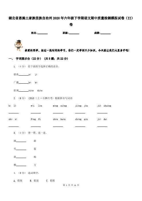 湖北省恩施土家族苗族自治州2020年六年级下学期语文期中质量检测模拟试卷(II)卷