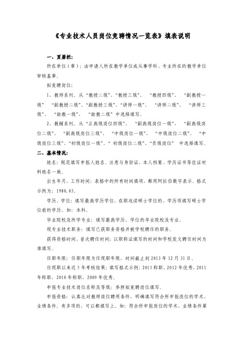 《专业技术人员岗位竞聘情况一览表》填表说明