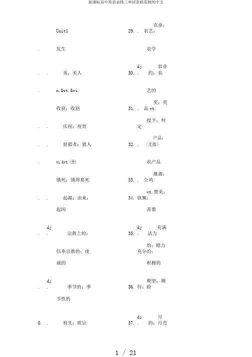 新课标高中英语必修三单词表格范例纯中文