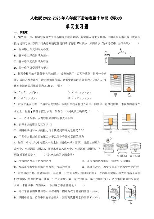 人教版2022-2023年八年级下册物理第十单元《浮力》单元复习题