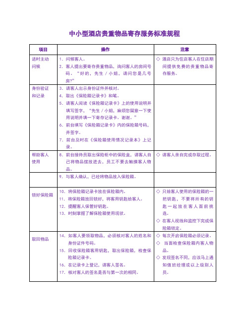 中小型酒店贵重物品寄存服务标准规程