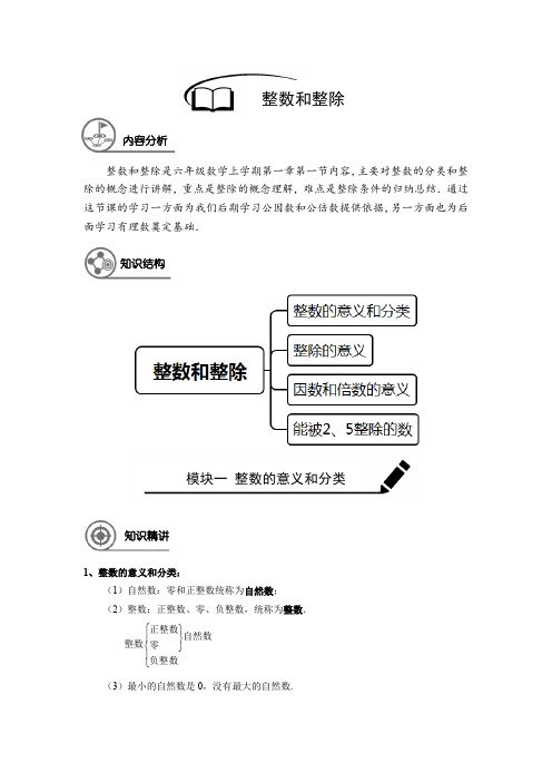 上海市六年级(上)数学 暑假讲义 第1讲 整数和整除(学生版)